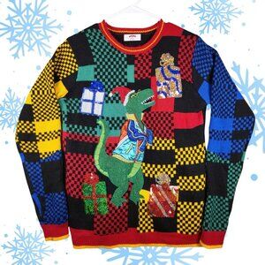 Holiday Time Adult Med Ugly Christmas Sweater Dinosaur T-Rex Presents